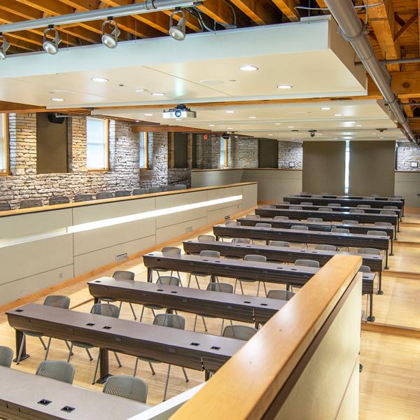 Image of a lecture hall at Carroll University with an industrial look theme..